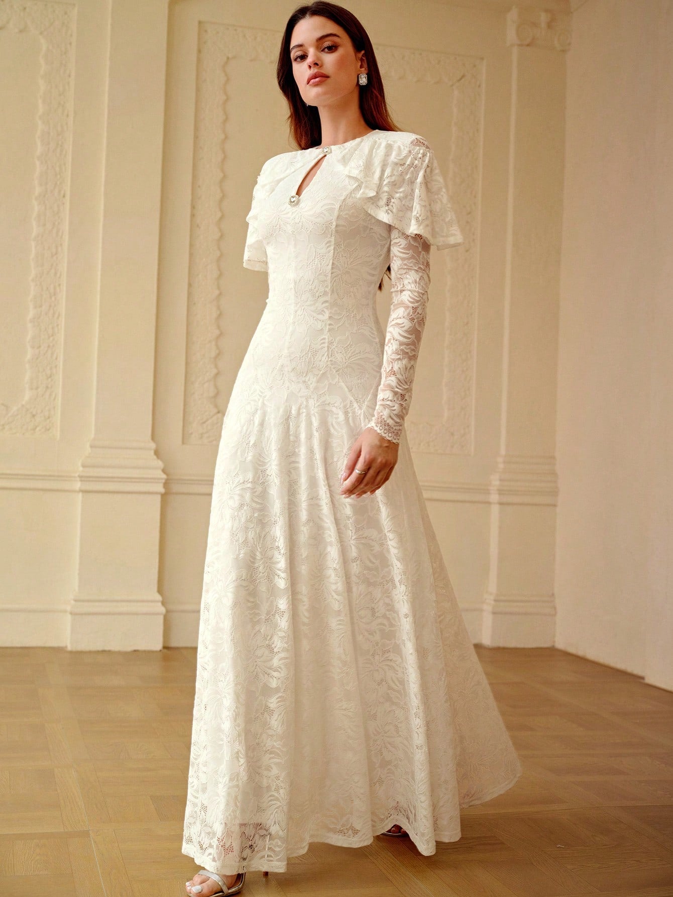 ZEYLAH Lace Shawl Collar Long Sleeve Dress, Spring/Summer