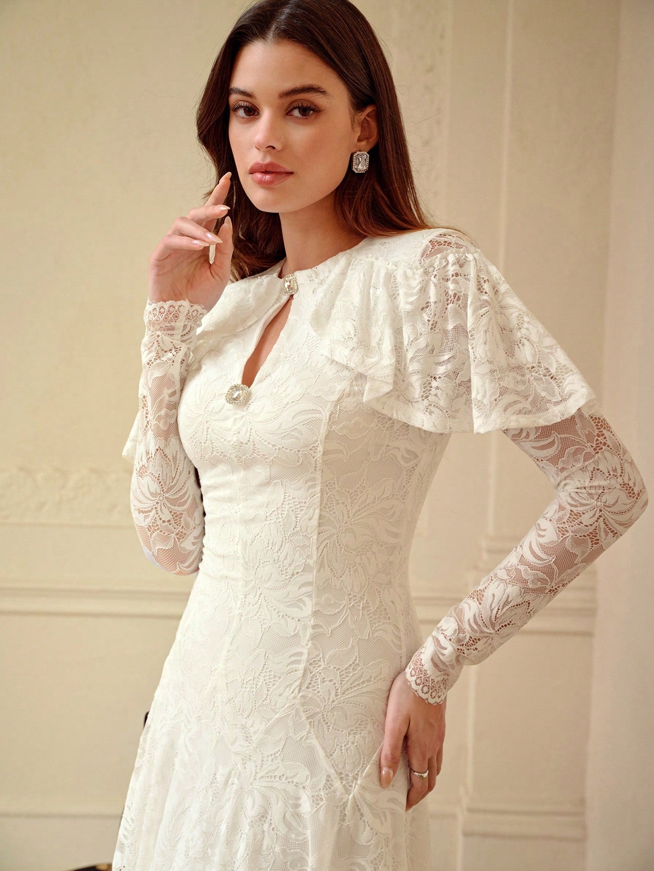 ZEYLAH Lace Shawl Collar Long Sleeve Dress, Spring/Summer