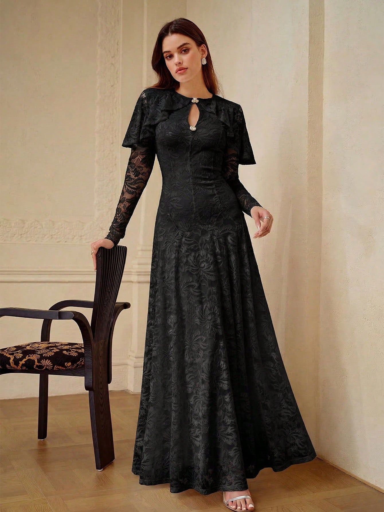 ZEYLAH Lace Shawl Collar Long Sleeve Dress, Spring/Summer