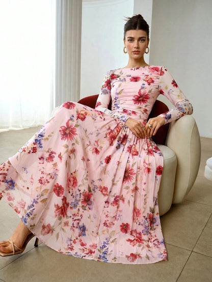 ZEYLAH Women's Spring/Autumn Elegant Elegant Vacation Style All-Over Floral Print Pleated Waist Cinched Dress