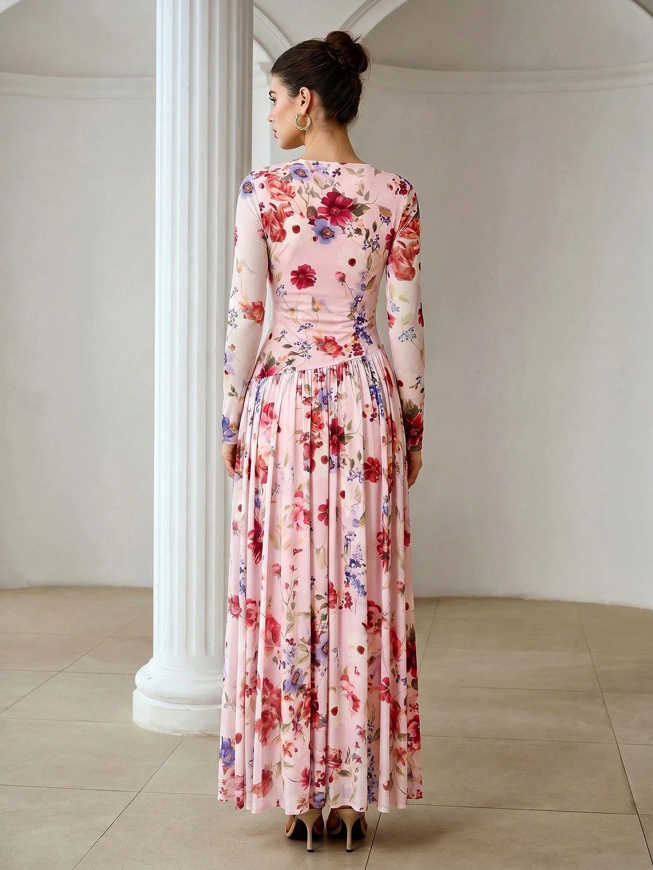 ZEYLAH Women's Spring/Autumn Elegant Elegant Vacation Style All-Over Floral Print Pleated Waist Cinched Dress