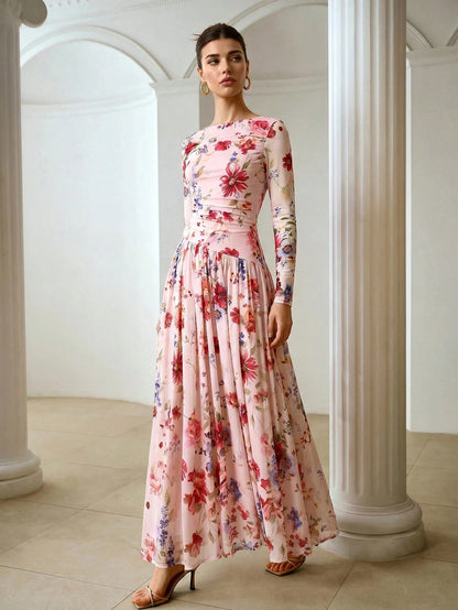 ZEYLAH Women's Spring/Autumn Elegant Elegant Vacation Style All-Over Floral Print Pleated Waist Cinched Dress