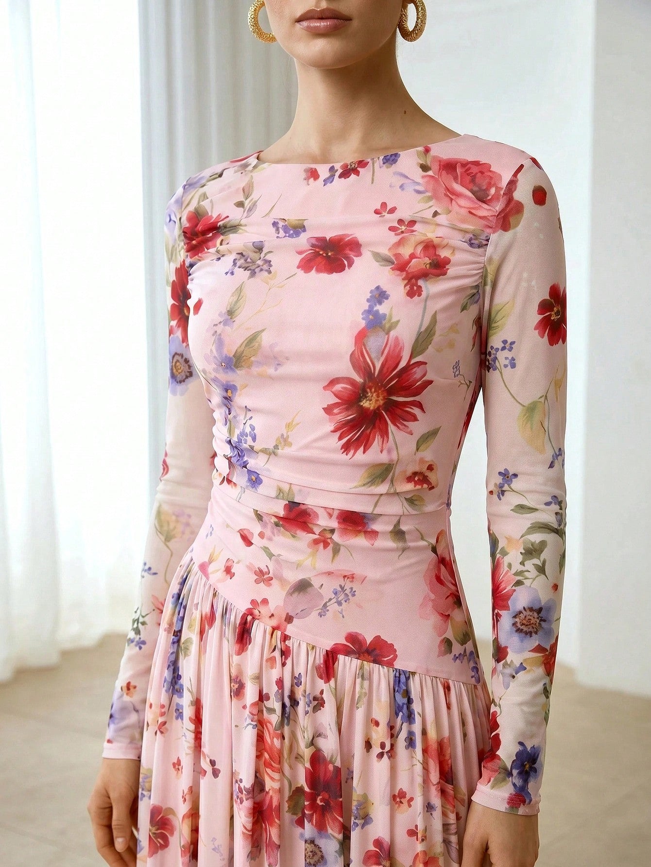 ZEYLAH Women's Spring/Autumn Elegant Elegant Vacation Style All-Over Floral Print Pleated Waist Cinched Dress
