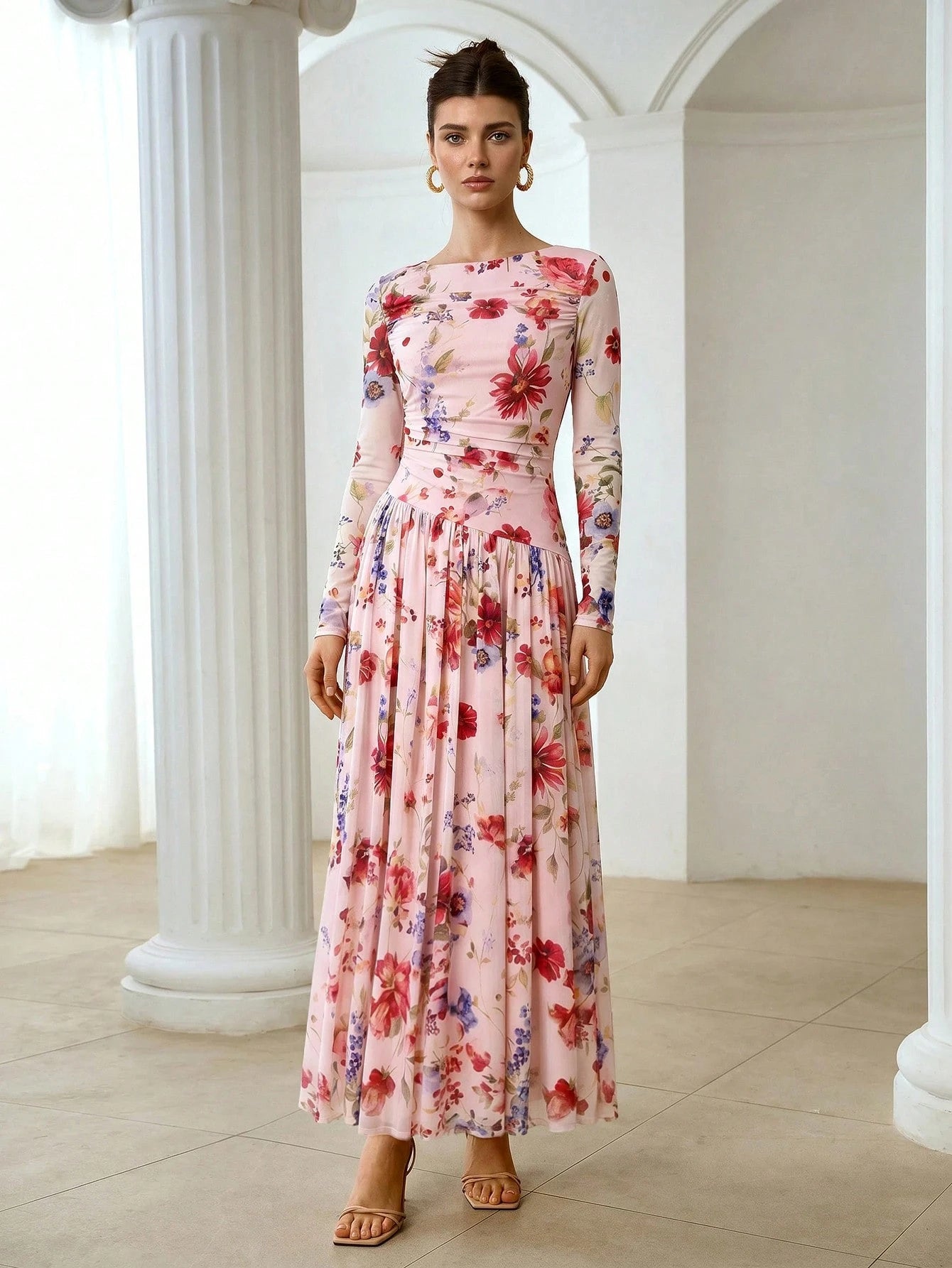 ZEYLAH Women's Spring/Autumn Elegant Elegant Vacation Style All-Over Floral Print Pleated Waist Cinched Dress