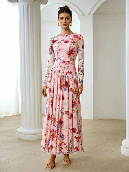 ZEYLAH Women's Spring/Autumn Elegant Elegant Vacation Style All-Over Floral Print Pleated Waist Cinched Dress