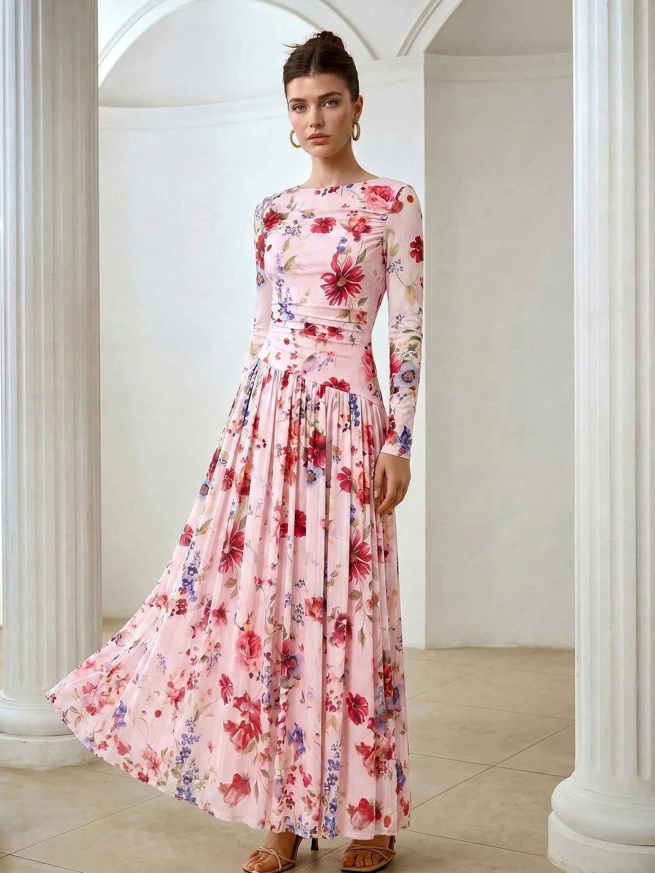 ZEYLAH Women's Spring/Autumn Elegant Elegant Vacation Style All-Over Floral Print Pleated Waist Cinched Dress