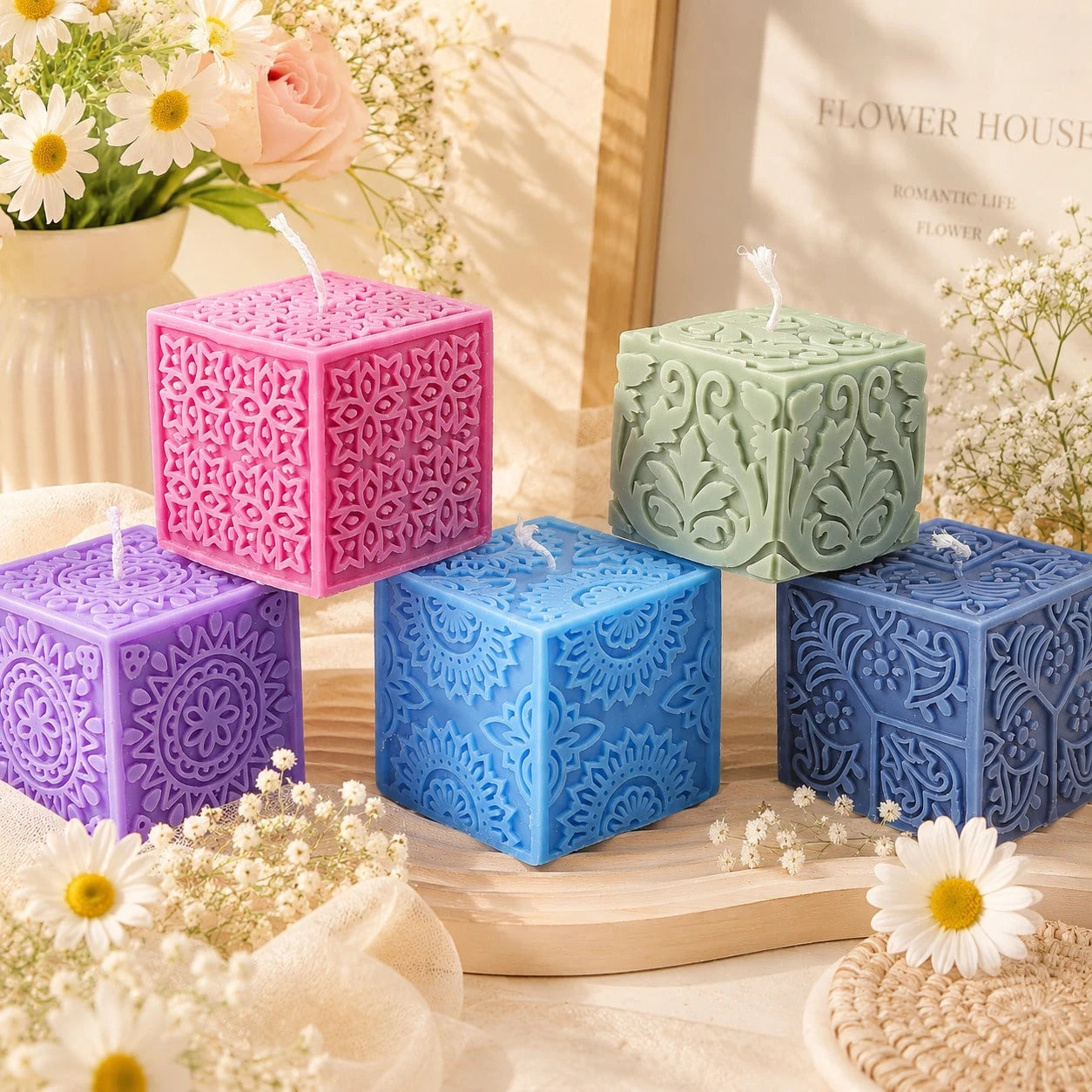 Zhonghui Mold 3D Floral Cube Silicone Mold, Embossed Flower Mandala Square Candle Mold For DIY Soap, Resin, Plaster, Handmade Crafts And Home Decor Gifts