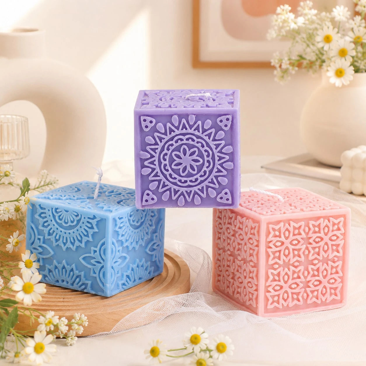 Zhonghui Mold 3D Floral Cube Silicone Mold, Embossed Flower Mandala Square Candle Mold For DIY Soap, Resin, Plaster, Handmade Crafts And Home Decor Gifts