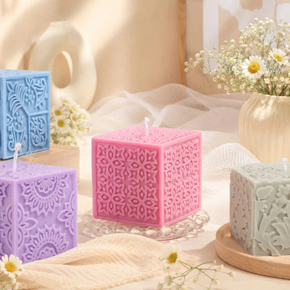Zhonghui Mold 3D Floral Cube Silicone Mold, Embossed Flower Mandala Square Candle Mold For DIY Soap, Resin, Plaster, Handmade Crafts And Home Decor Gifts