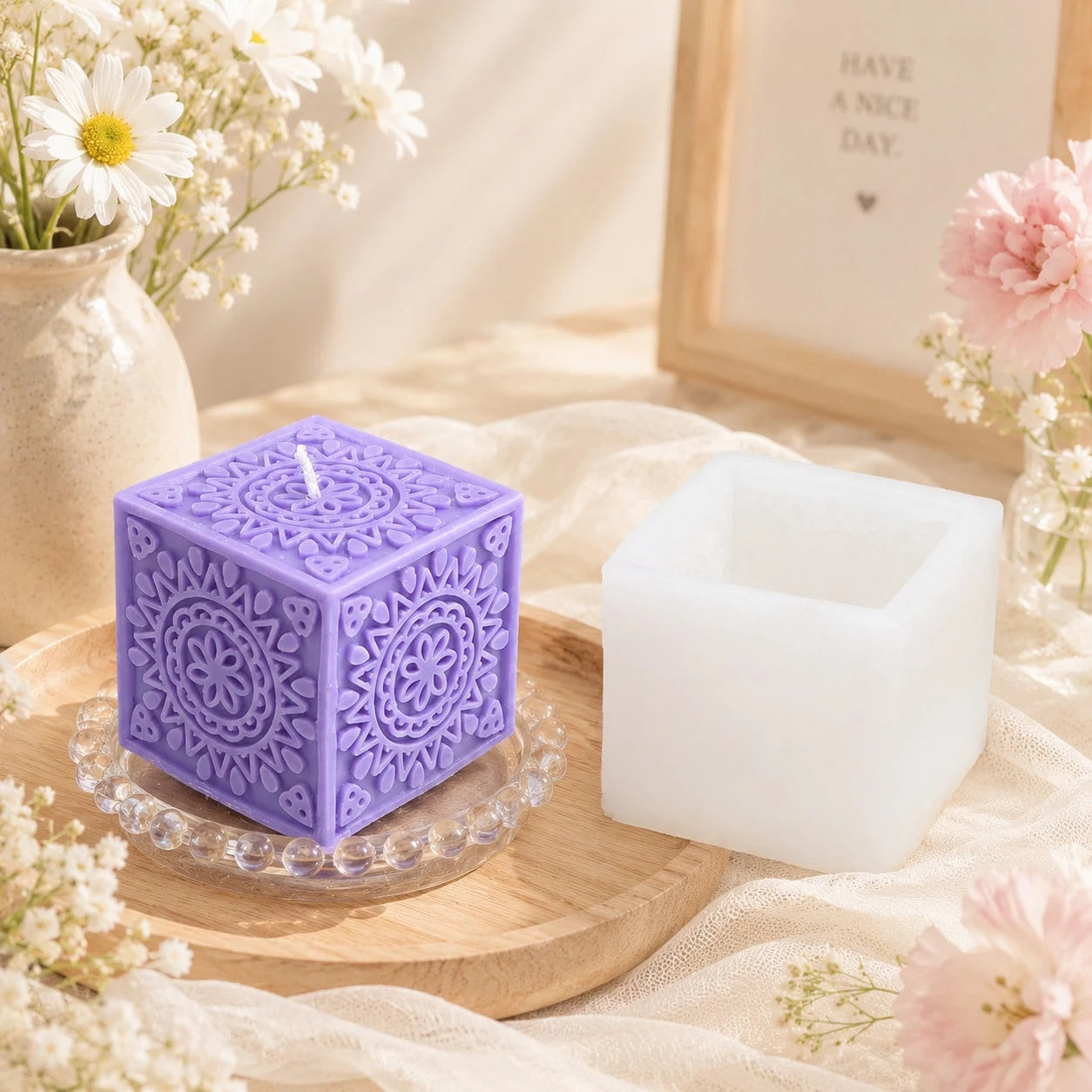 Zhonghui Mold 3D Floral Cube Silicone Mold, Embossed Flower Mandala Square Candle Mold For DIY Soap, Resin, Plaster, Handmade Crafts And Home Decor Gifts
