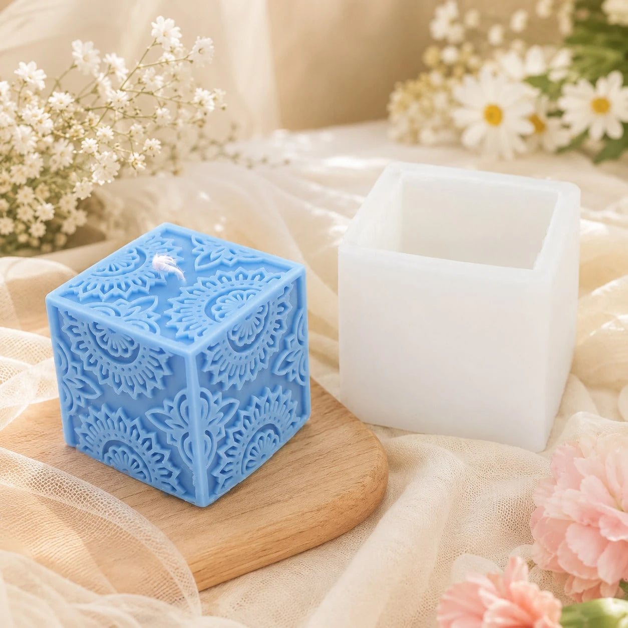 Zhonghui Mold 3D Floral Cube Silicone Mold, Embossed Flower Mandala Square Candle Mold For DIY Soap, Resin, Plaster, Handmade Crafts And Home Decor Gifts
