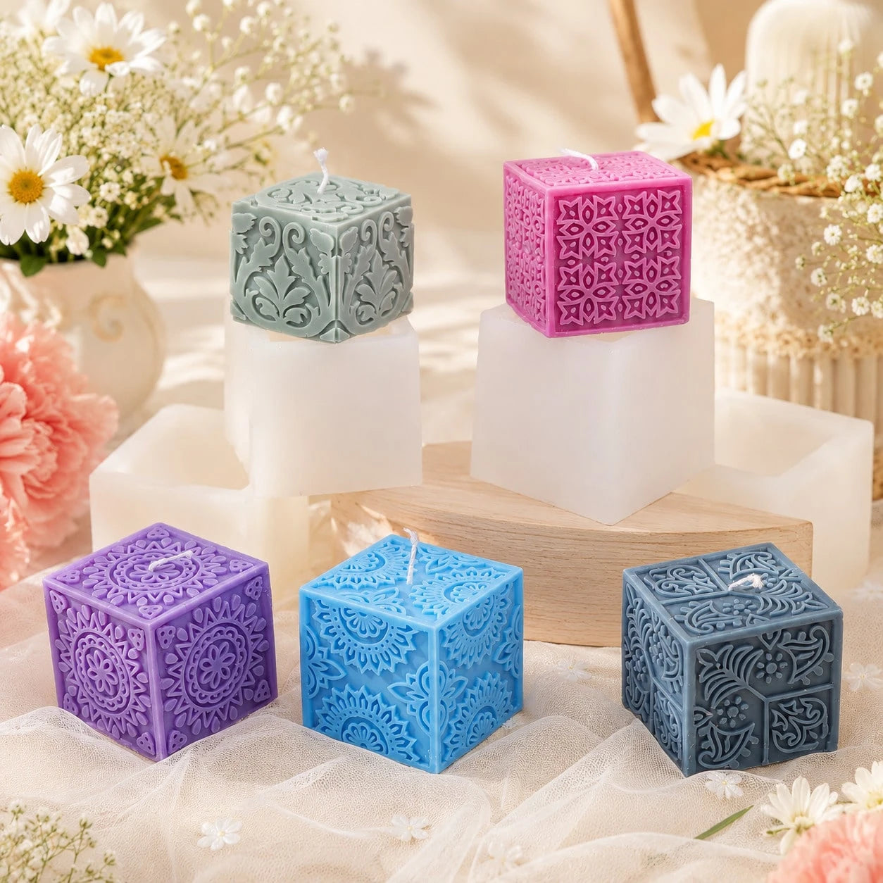 Zhonghui Mold 3D Floral Cube Silicone Mold, Embossed Flower Mandala Square Candle Mold For DIY Soap, Resin, Plaster, Handmade Crafts And Home Decor Gifts