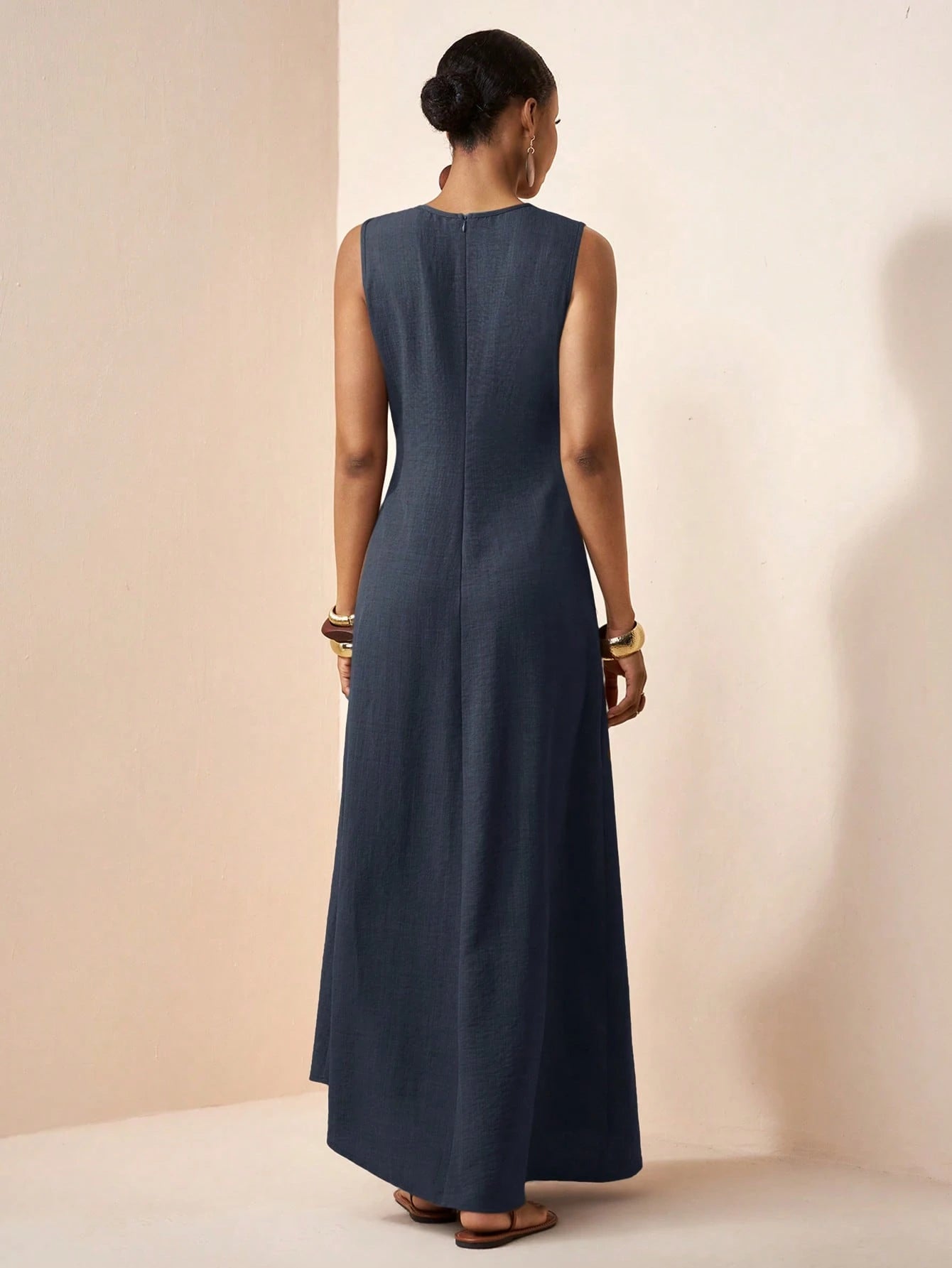Zivah Elegant Navy Blue Summer Women Long Dress,Boho Linen Loose-Fitting Pleated A-Line Casual Vacation Outfit,Suitable For Travel,Holidays,Beach&Western