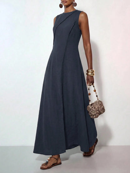 Zivah Elegant Navy Blue Summer Women Long Dress,Boho Linen Loose-Fitting Pleated A-Line Casual Vacation Outfit,Suitable For Travel,Holidays,Beach&Western