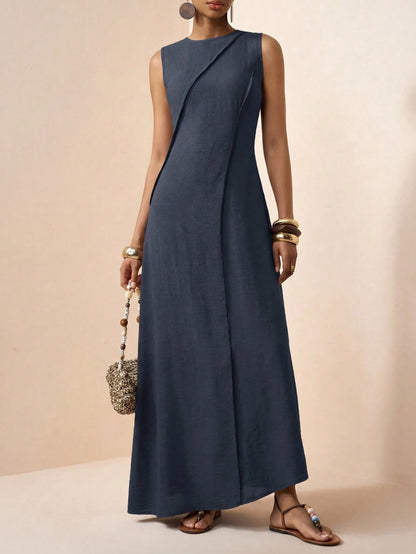 Zivah Elegant Navy Blue Summer Women Long Dress,Boho Linen Loose-Fitting Pleated A-Line Casual Vacation Outfit,Suitable For Travel,Holidays,Beach&Western