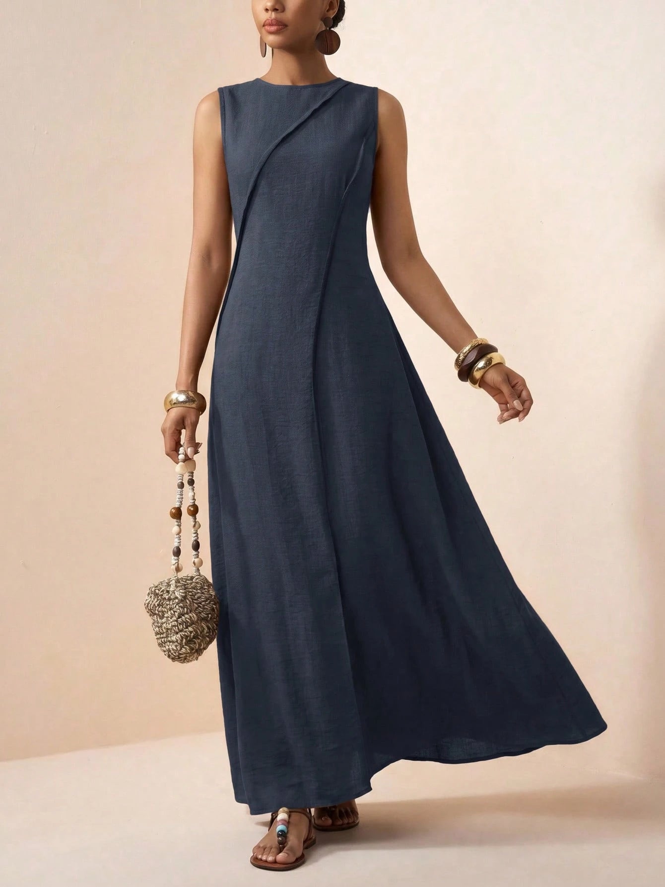 Zivah Elegant Navy Blue Summer Women Long Dress,Boho Linen Loose-Fitting Pleated A-Line Casual Vacation Outfit,Suitable For Travel,Holidays,Beach&Western