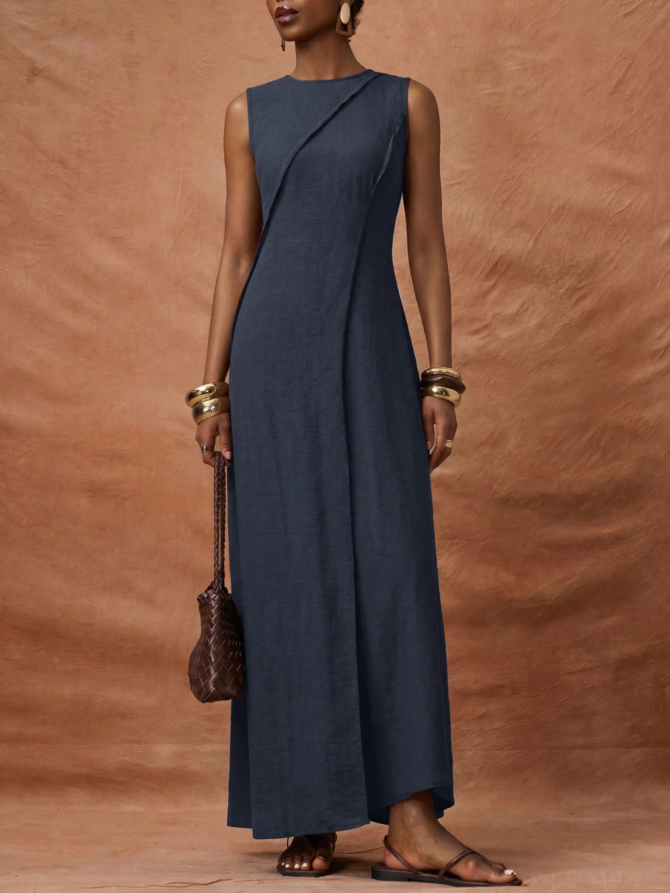 Zivah Elegant Navy Blue Summer Women Long Dress,Boho Linen Loose-Fitting Pleated A-Line Casual Vacation Outfit,Suitable For Travel,Holidays,Beach&Western