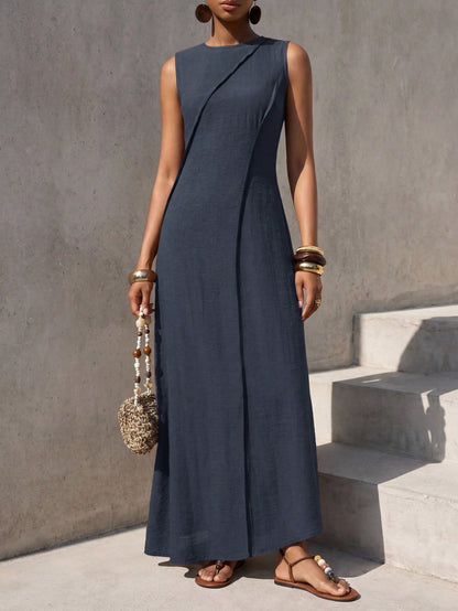 Zivah Elegant Navy Blue Summer Women Long Dress,Boho Linen Loose-Fitting Pleated A-Line Casual Vacation Outfit,Suitable For Travel,Holidays,Beach&Western