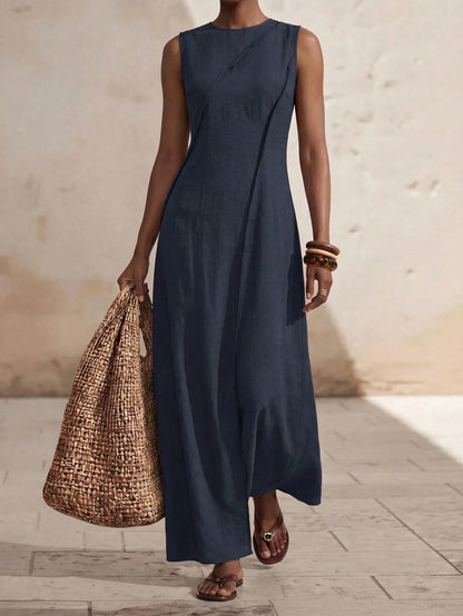 Zivah Elegant Navy Blue Summer Women Long Dress,Boho Linen Loose-Fitting Pleated A-Line Casual Vacation Outfit,Suitable For Travel,Holidays,Beach&Western