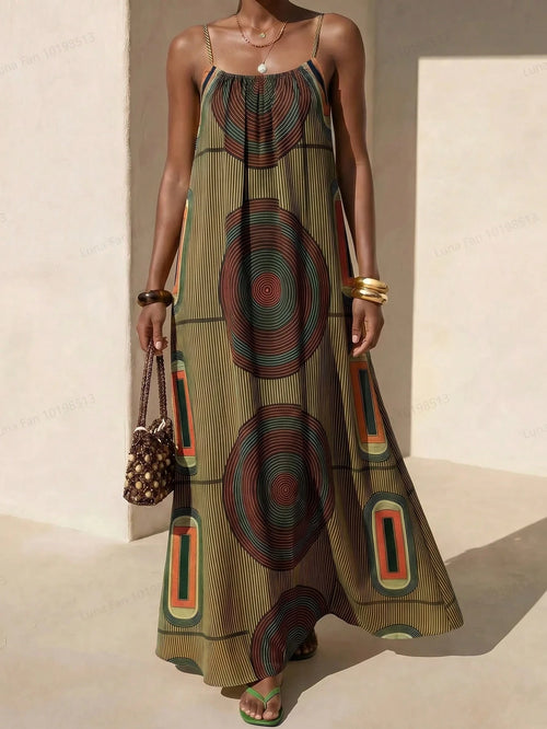 Zivah New Summer Casual Boho Vacation Loose-Fitting Print Camisole Women Long Dress Suitable For Everyday Wear Music Festivals Travel Beaches Party Green