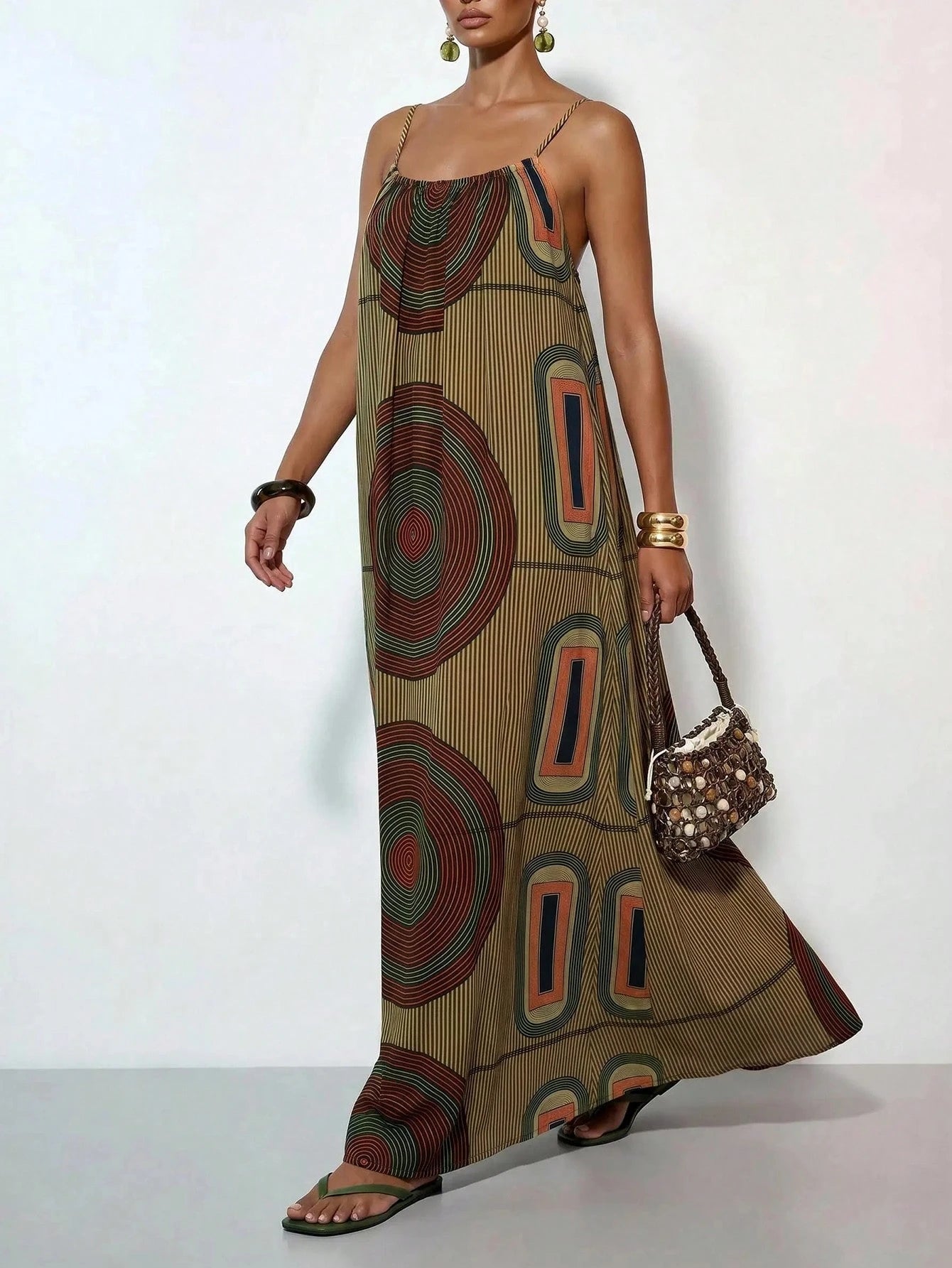 Zivah New Summer Casual Boho Vacation Loose-Fitting Print Camisole Women Long Dress Suitable For Everyday Wear Music Festivals Travel Beaches Party Green