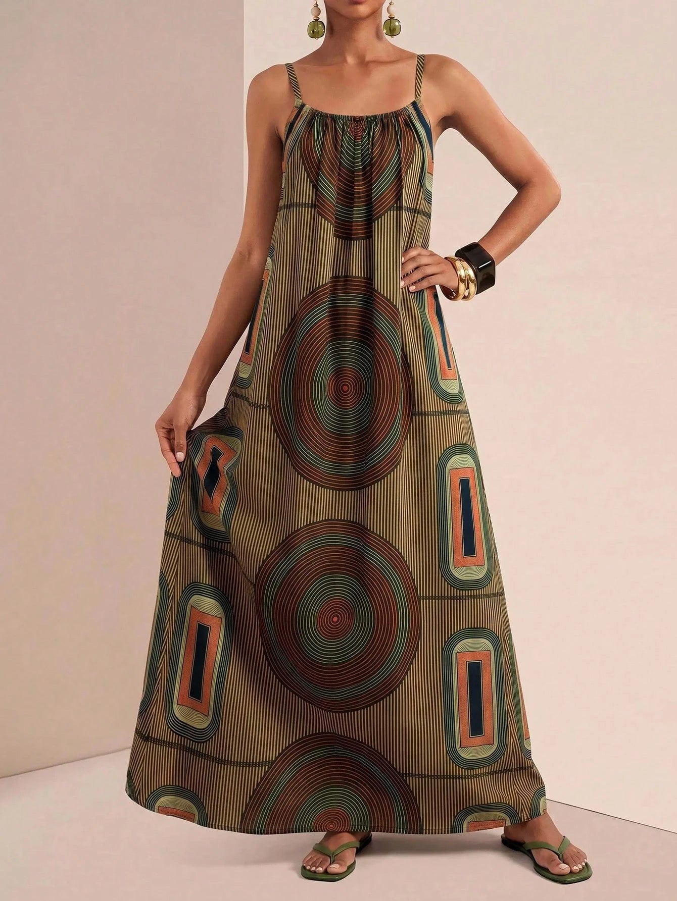Zivah New Summer Casual Boho Vacation Loose-Fitting Print Camisole Women Long Dress Suitable For Everyday Wear Music Festivals Travel Beaches Party Green