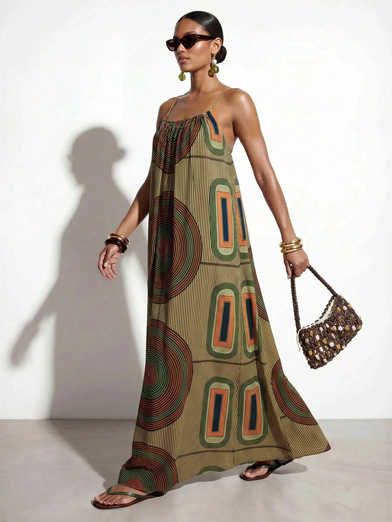 Zivah New Summer Casual Boho Vacation Loose-Fitting Print Camisole Women Long Dress Suitable For Everyday Wear Music Festivals Travel Beaches Party Green