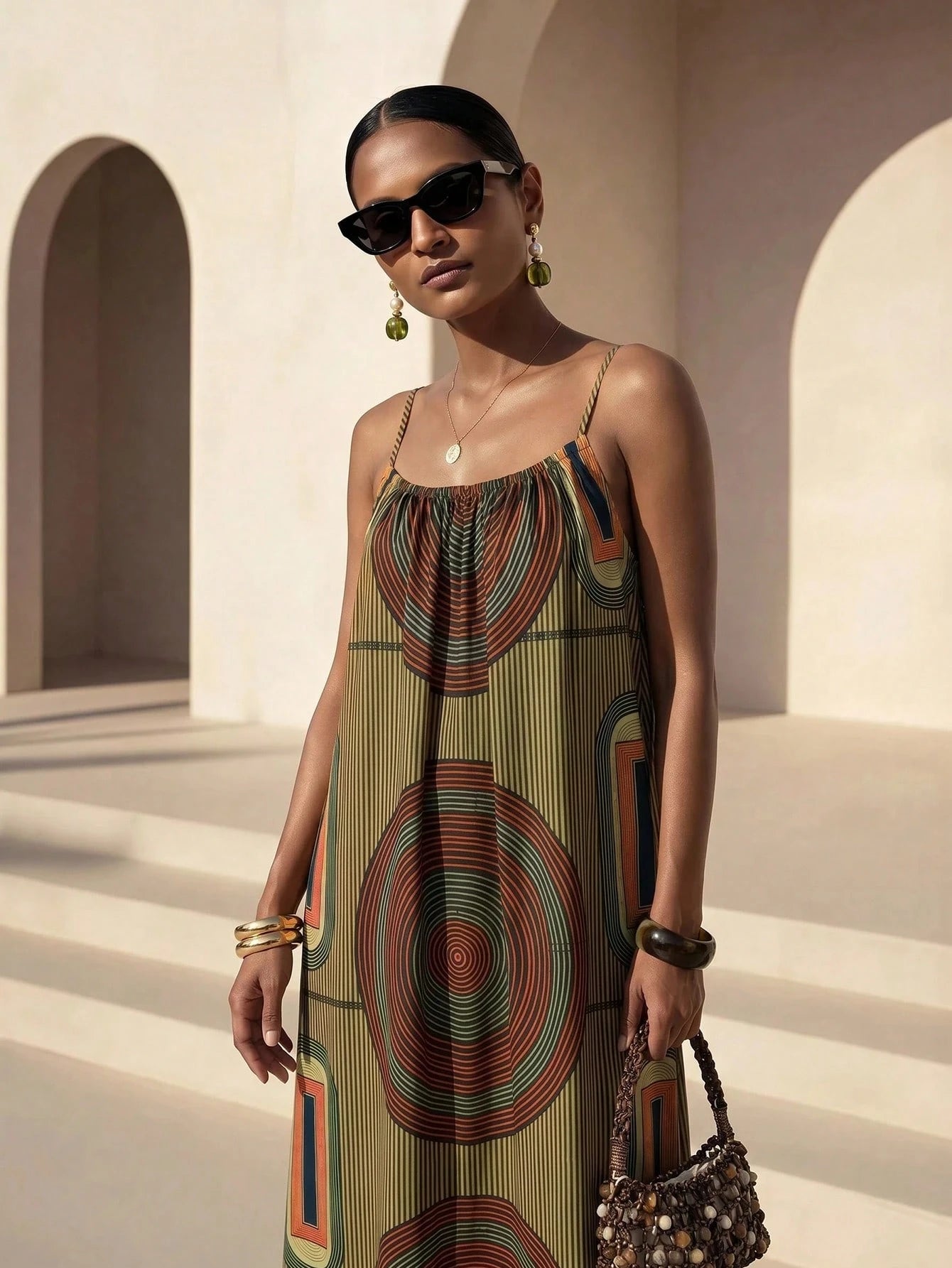 Zivah New Summer Casual Boho Vacation Loose-Fitting Print Camisole Women Long Dress Suitable For Everyday Wear Music Festivals Travel Beaches Party Green