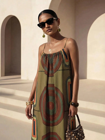 Zivah New Summer Casual Boho Vacation Loose-Fitting Print Camisole Women Long Dress Suitable For Everyday Wear Music Festivals Travel Beaches Party Green