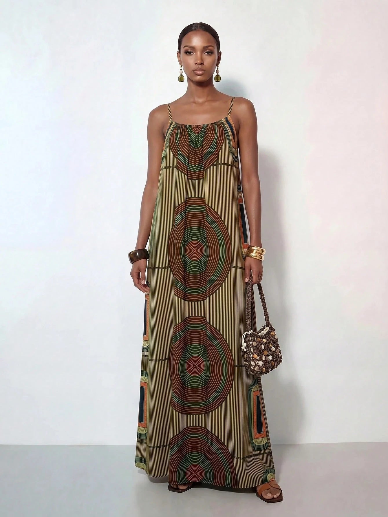 Zivah New Summer Casual Boho Vacation Loose-Fitting Print Camisole Women Long Dress Suitable For Everyday Wear Music Festivals Travel Beaches Party Green