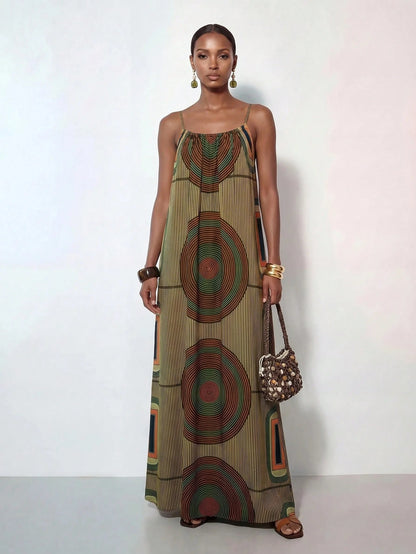 Zivah New Summer Casual Boho Vacation Loose-Fitting Print Camisole Women Long Dress Suitable For Everyday Wear Music Festivals Travel Beaches Party Green