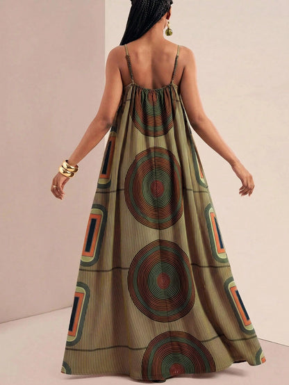 Zivah New Summer Casual Boho Vacation Loose-Fitting Print Camisole Women Long Dress Suitable For Everyday Wear Music Festivals Travel Beaches Party Green