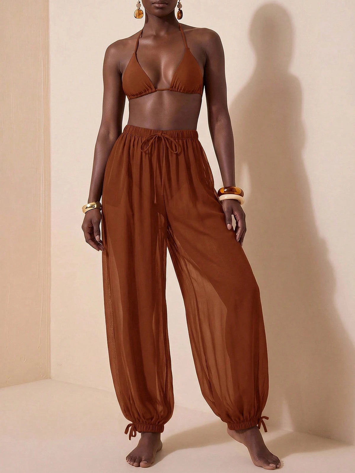 Zivah New Women's Vacation Casual Beach Pool Party Semi-Sheer Chiffon Fabric Elastic Waist Pants Cover-Up Bathing Suit Swimsuits