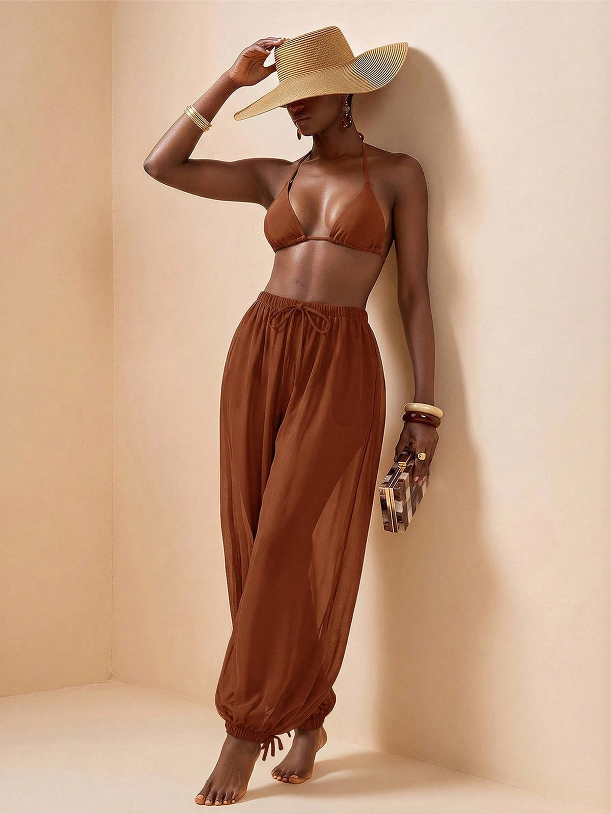 Zivah New Women's Vacation Casual Beach Pool Party Semi-Sheer Chiffon Fabric Elastic Waist Pants Cover-Up Bathing Suit Swimsuits