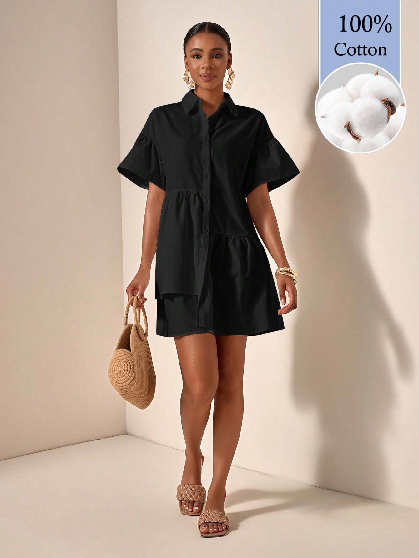 Zivah Women's Solid Color Short Sleeve Single-Breasted Ruffle Hem Casual Shirt Dress, 100% Cotton