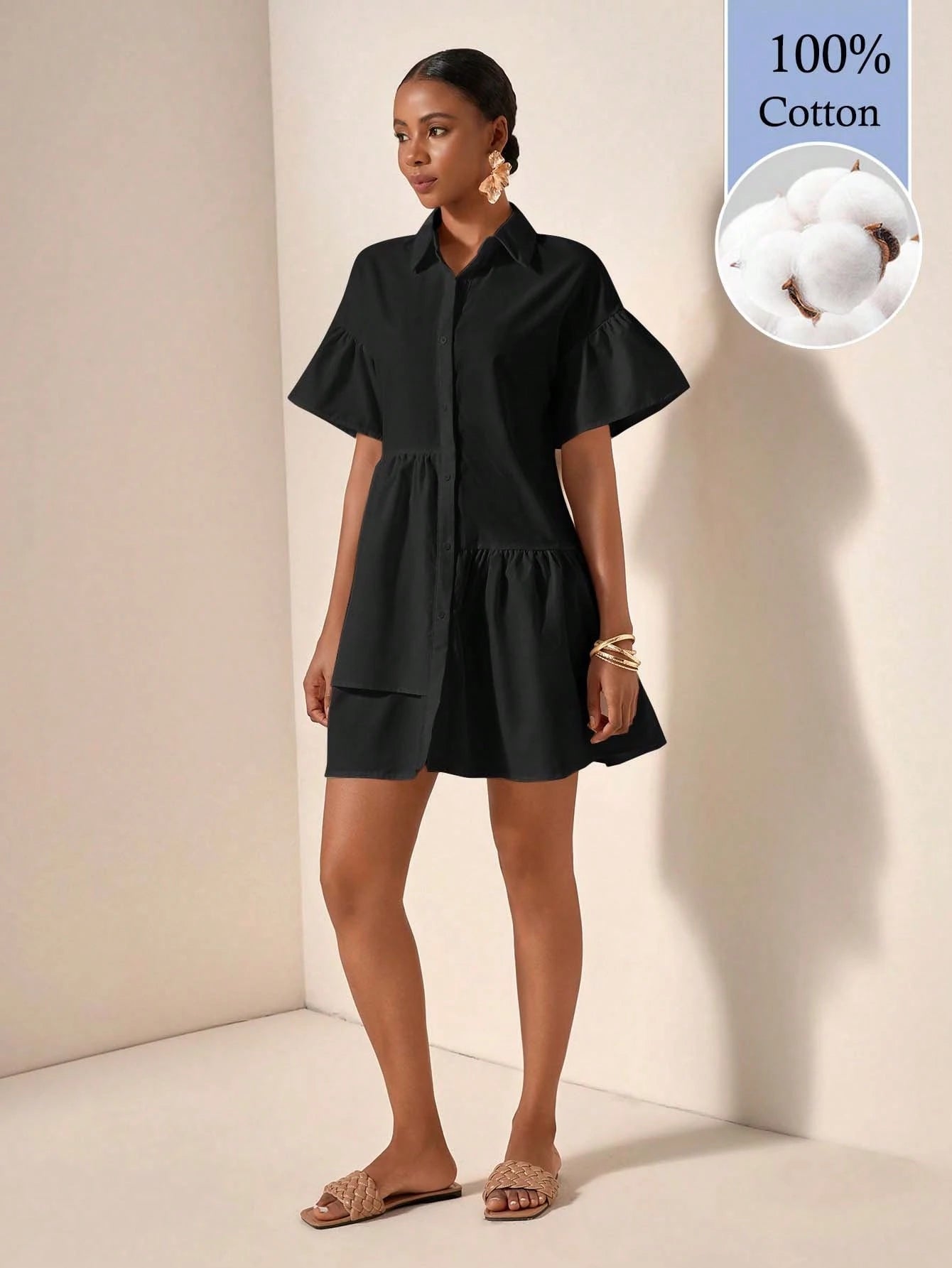 Zivah Women's Solid Color Short Sleeve Single-Breasted Ruffle Hem Casual Shirt Dress, 100% Cotton
