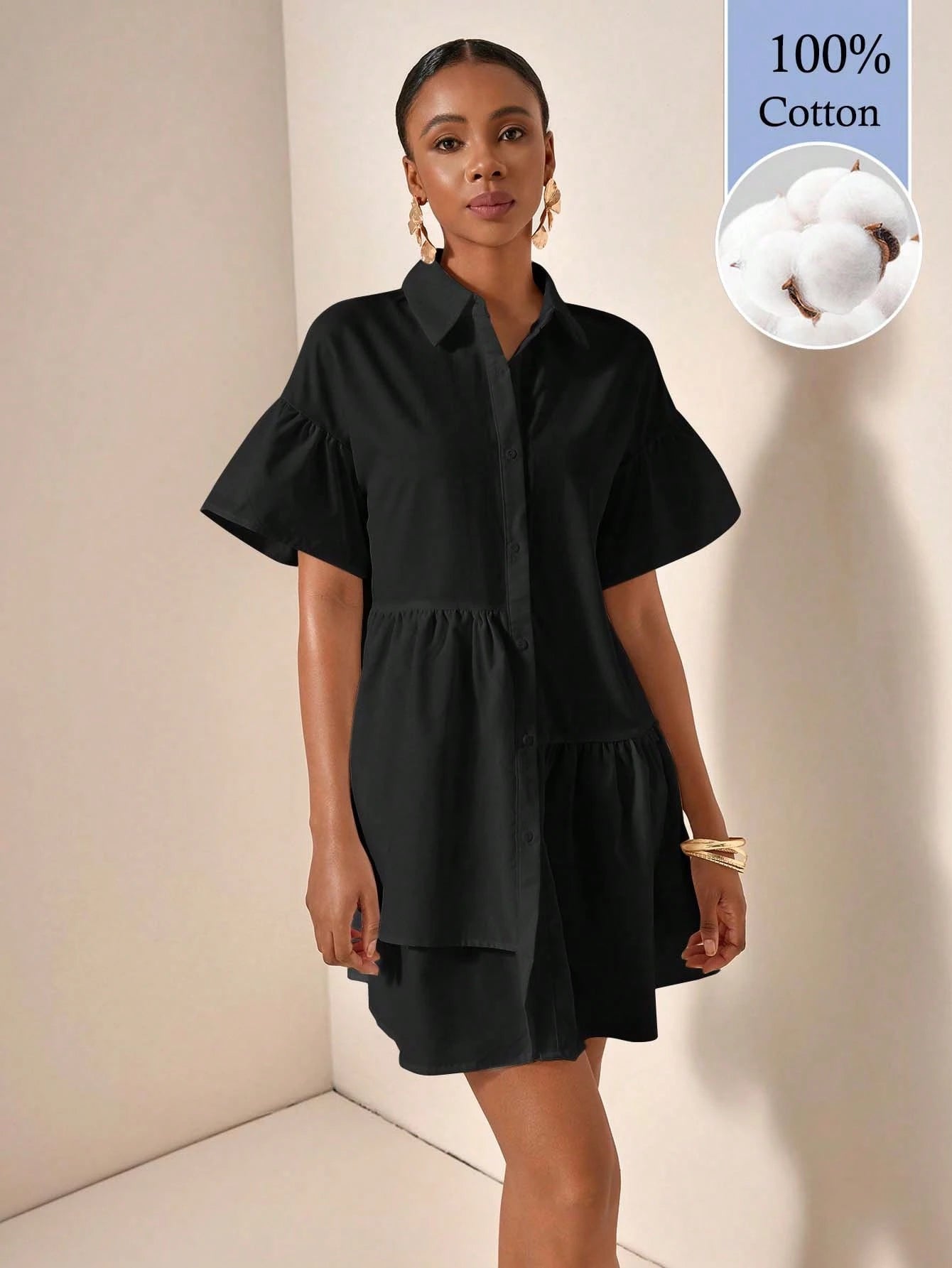 Zivah Women's Solid Color Short Sleeve Single-Breasted Ruffle Hem Casual Shirt Dress, 100% Cotton