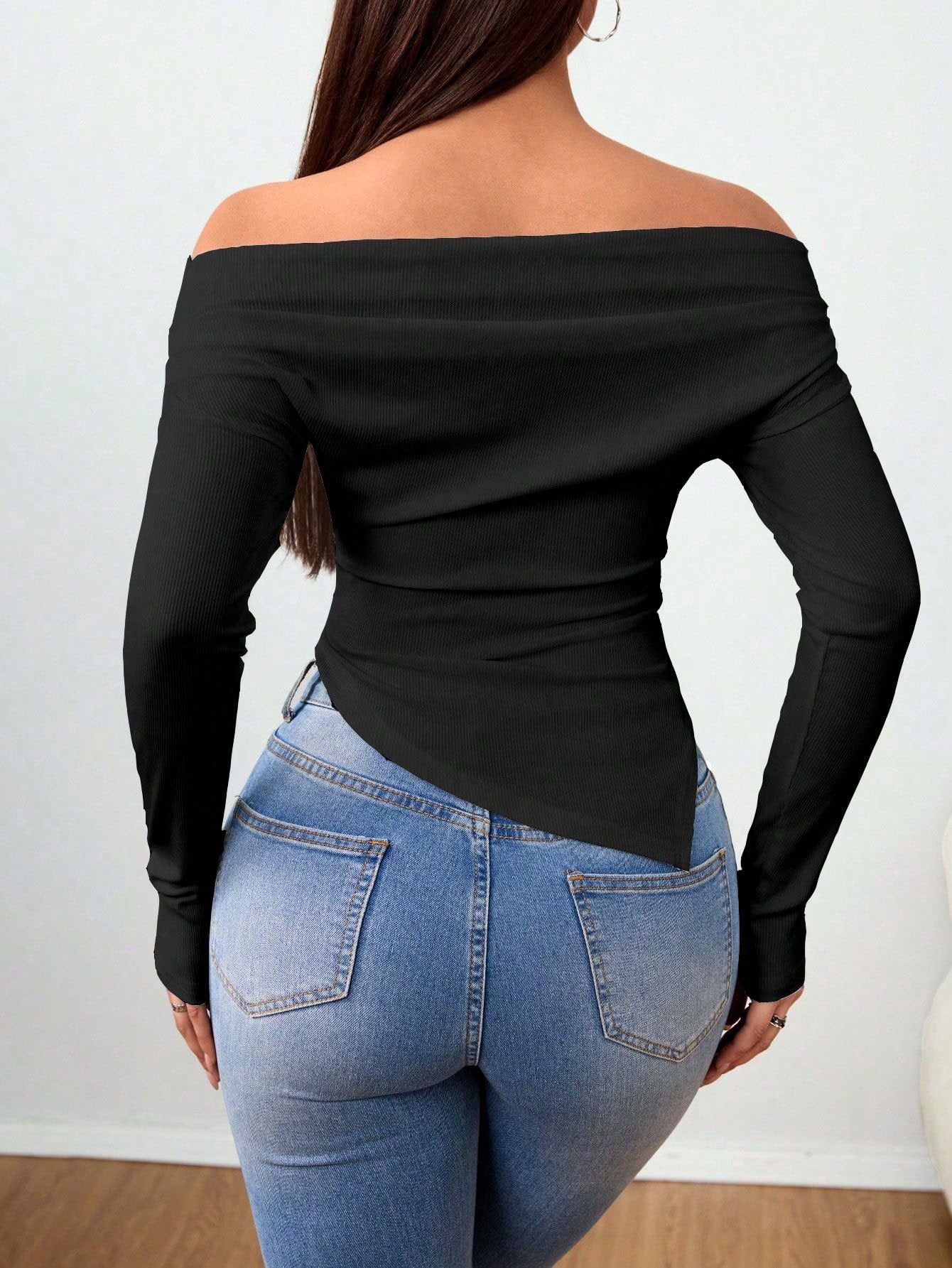 Zolique Off-Shoulder T-Shirt With Gathered Shoulders And Asymmetrical Hem Fall Cloth For Women